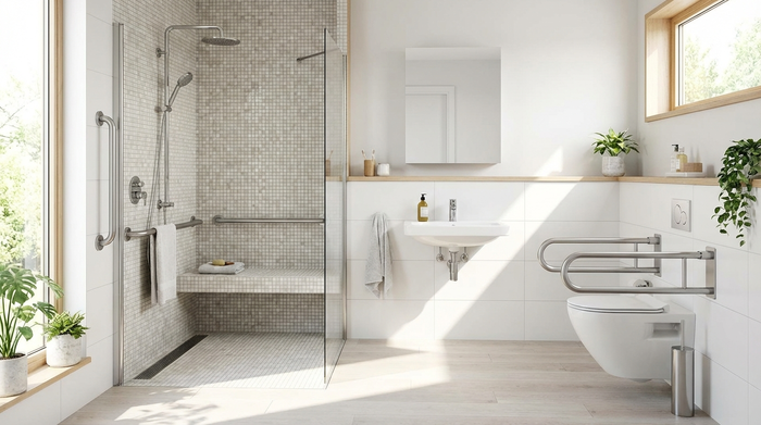 Helles barrierefreies Badezimmer mit bodengleicher Dusche und Haltegriffen