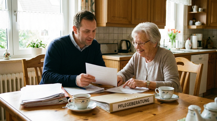 Freundlicher Pflegeberater erklärt Seniorin an einem Tisch verschiedene Dokumente