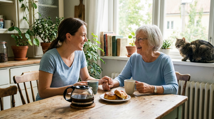 Freundliche Pflegerin und Seniorin sitzen gemeinsam am Küchentisch und trinken Kaffee