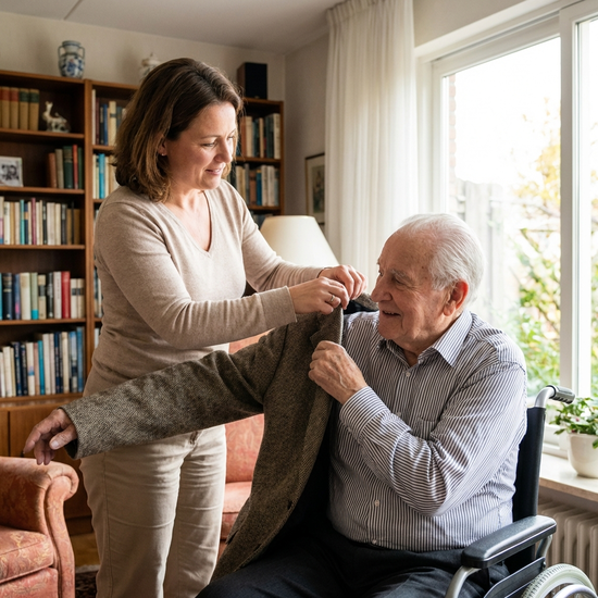 Pflegerin hilft älterem Herrn beim Anziehen der Jacke