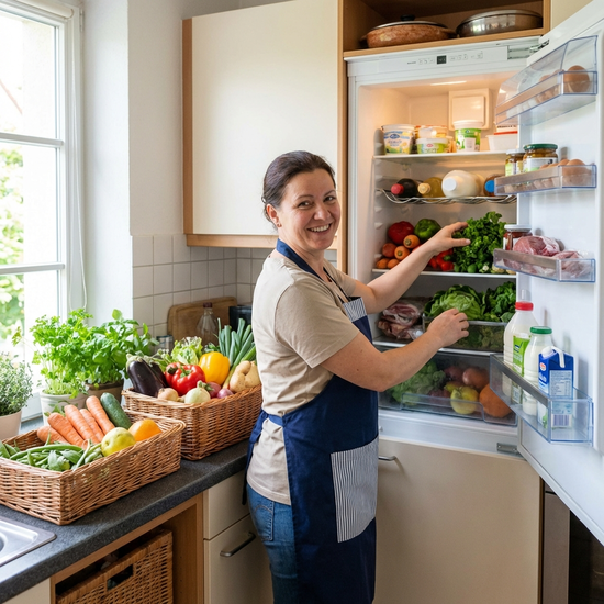 Hauswirtschaftskraft sortiert frische Lebensmittel in den Kühlschrank ein