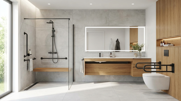 Modernes, barrierefreies Badezimmer mit ebenerdiger Dusche und Haltegriffen
