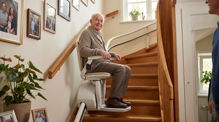 Senior fährt sicher mit einem Treppenlift in die obere Etage