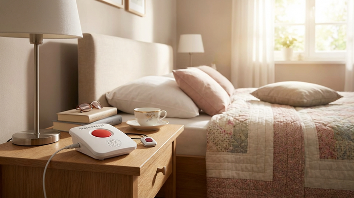 Hausnotruf-Gerät auf einem Nachttisch neben dem Bett