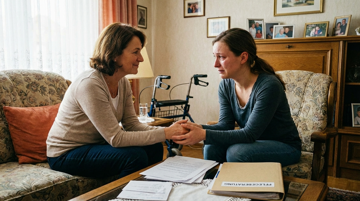Pflegeberaterin im empathischen Gespräch mit pflegender Tochter im Wohnzimmer