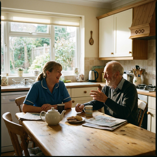 Pflegerin und Senior im entspannten Gespräch am Küchentisch