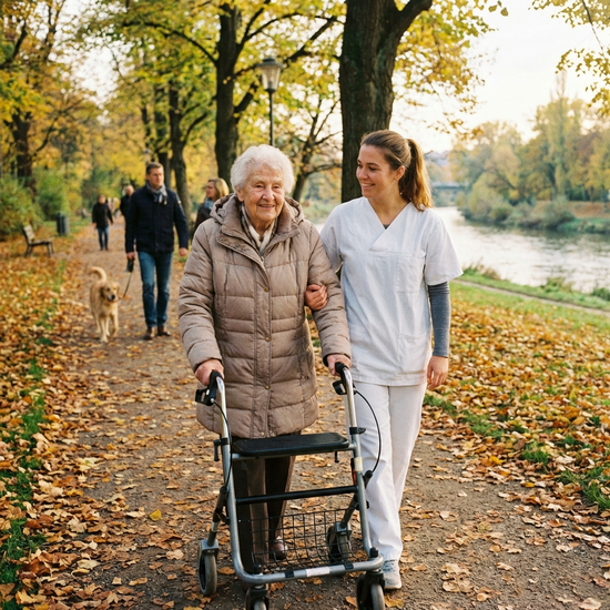 Seniorin wird von einer Betreuungskraft beim Spaziergang im Park begleitet