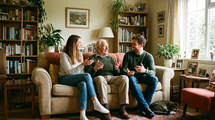Senior und Angehörige sitzen gemeinsam auf dem Sofa und besprechen etwas in familiärer Atmosphäre