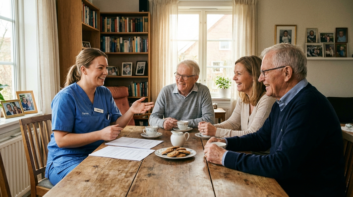 Pflegekraft sitzt mit Angehörigen am Tisch bei einem freundlichen Beratungsgespräch