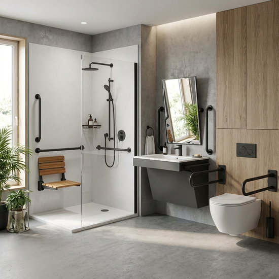 Modernes, barrierefreies Badezimmer mit Haltegriffen und Duschsitz