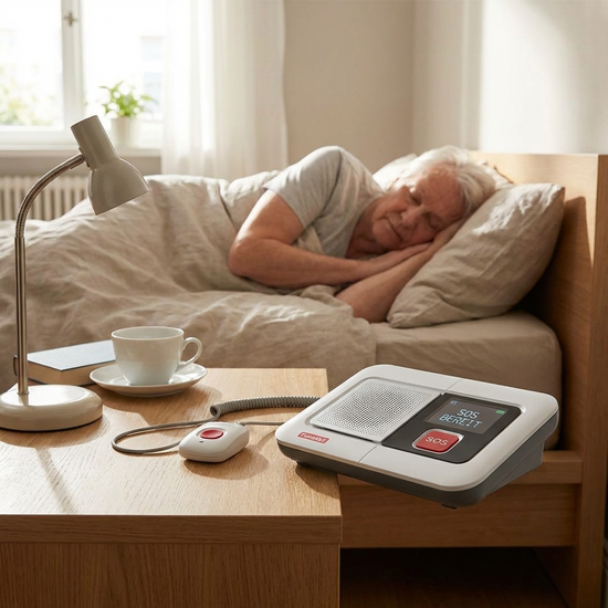 Hausnotruf-Gerät auf Nachttisch neben Bett