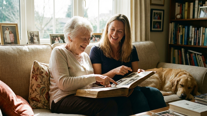 Seniorin und Angehörige betrachten gemeinsam entspannt ein Fotoalbum