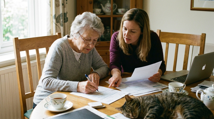 Ältere Dame füllt gemeinsam mit ihrer Tochter konzentriert Dokumente am Esstisch aus