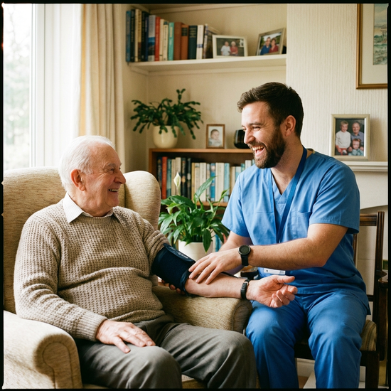 Männlicher Pfleger misst den Blutdruck eines lächelnden Seniors