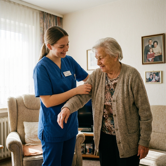 Pflegerin hilft einer älteren Dame behutsam beim Anziehen einer Jacke