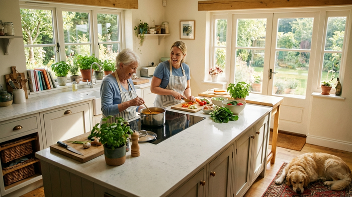 Betreuungskraft und Seniorin kochen gemeinsam in einer hellen Küche