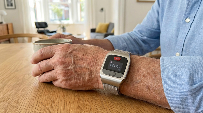 Moderner Hausnotruf-Sender als Armband am Handgelenk eines Seniors
