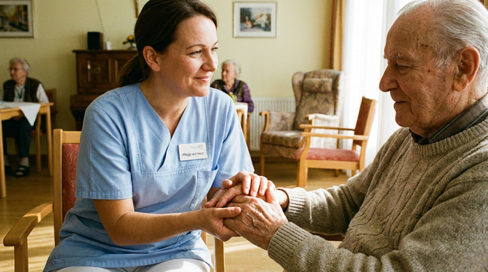 Pflegerin hält beruhigend die Hände eines älteren Herrn mit Demenz