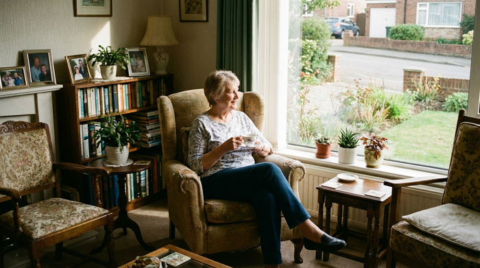Ältere Dame blickt entspannt aus dem Fenster ihres gemütlichen, vertrauten Wohnzimmers