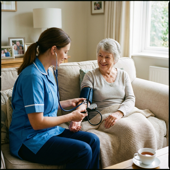 Professionelle Pflegekraft misst den Blutdruck einer lächelnden Seniorin auf dem Sofa