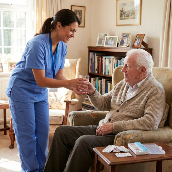Pflegerin reicht einem älteren Herrn ein Glas Wasser zur Medikamenteneinnahme
