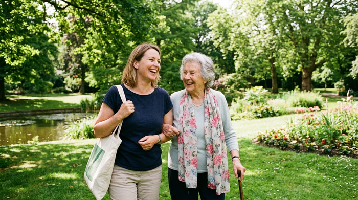 Alltagsbegleiterin und Seniorin spazieren gemeinsam fröhlich durch einen grünen Park