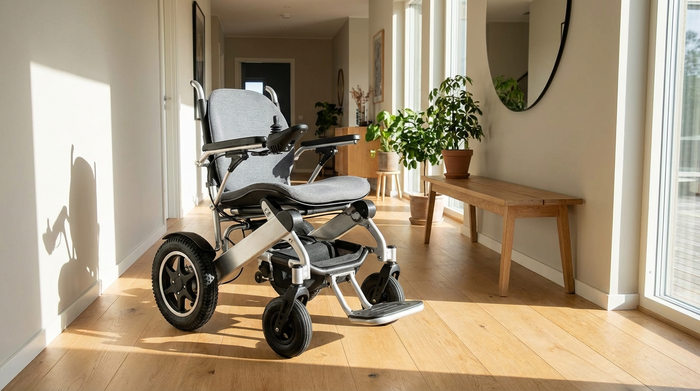 Moderner elektrischer Rollstuhl steht bereit in einem hellen Flur