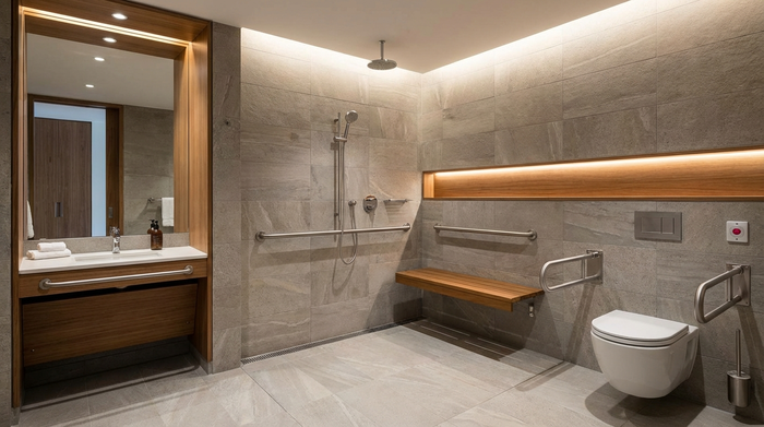 Barrierefreies, modernes Badezimmer mit ebenerdiger Dusche und Haltegriffen