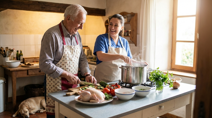 Betreuungskraft und Senior bereiten gemeinsam eine frische Mahlzeit in der Küche vor