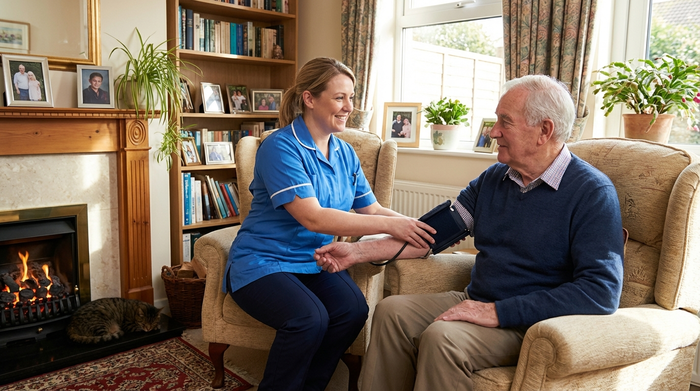 Pflegerin misst bei einem älteren Herrn den Blutdruck im gemütlichen Wohnzimmer