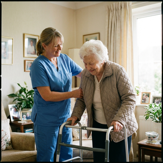 Pflegekraft hilft Seniorin beim Anziehen einer Jacke