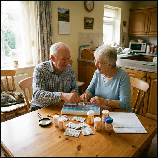 Gemeinsames Sortieren von Medikamenten am Tisch