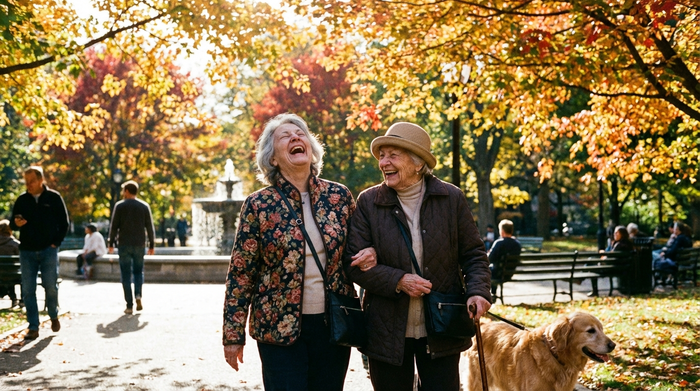 Zwei ältere Damen spazieren lachend durch einen sonnigen Park
