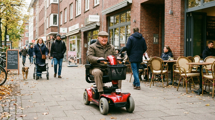 Senior fährt mit Elektromobil auf einem Bürgersteig
