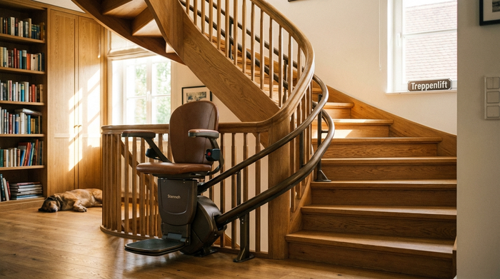 Treppenlift an einer geschwungenen Holztreppe im Einfamilienhaus