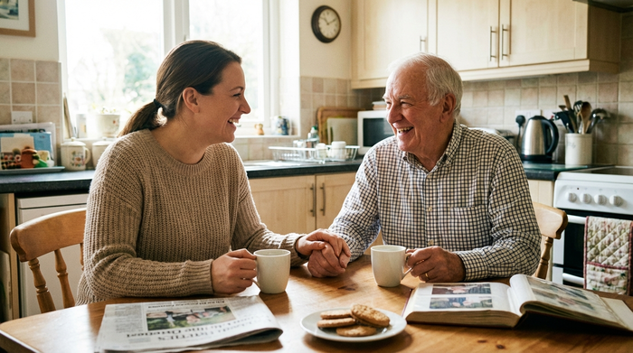 Freundliche Pflegekraft und lächelnder Senior sitzen gemeinsam am Küchentisch bei einer Tasse Kaffee