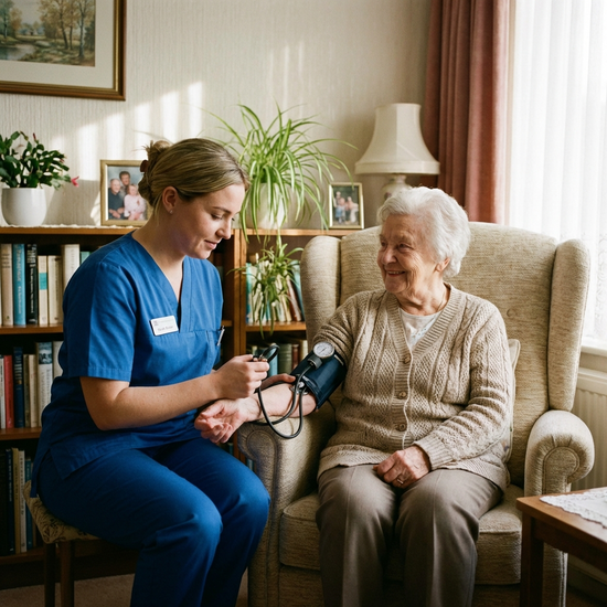 Professionelle Pflegekraft misst den Blutdruck einer älteren Dame im Wohnzimmer
