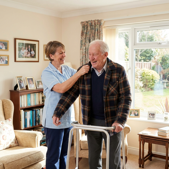 Pflegerin hilft einem Senior beim Anziehen einer Jacke