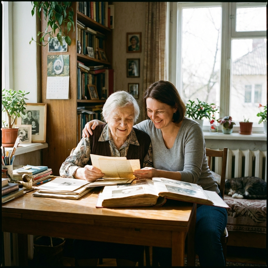 Seniorin und Tochter betrachten gemeinsam Dokumente am Schreibtisch