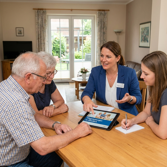 Pflegeberaterin erklärt einer Familie die verschiedenen Pflegeleistungen