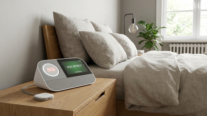 Modernes Hausnotruf-Gerät auf einem Nachttisch neben dem Bett