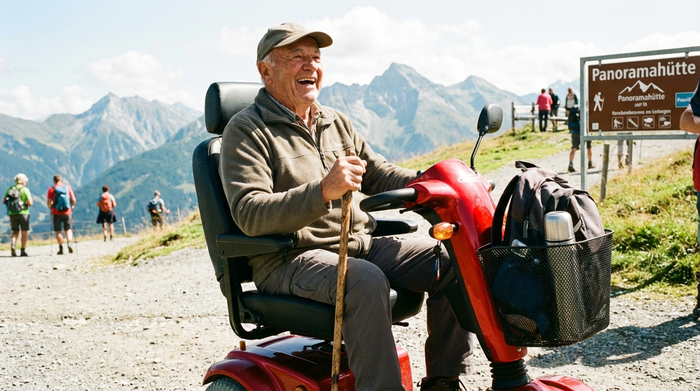 Rüstiger Rentner macht einen Ausflug mit seinem roten Elektromobil