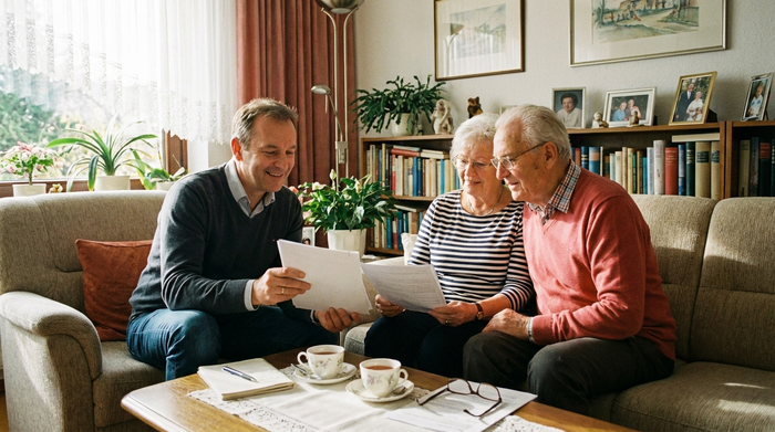 Pflegeberater und älteres Ehepaar sitzen entspannt im Wohnzimmer und besprechen Unterlagen