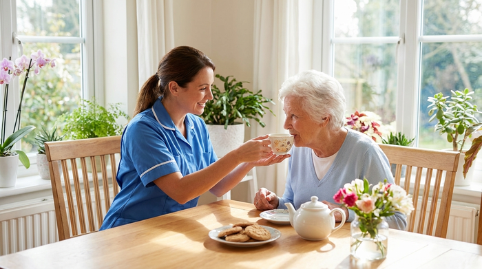 Professionelle Pflegekraft unterstützt ältere Dame liebevoll beim Teetrinken am hellen Esstisch