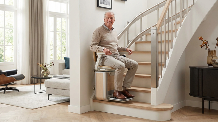 Senior fährt sicher mit einem modernen Treppenlift ins obere Stockwerk