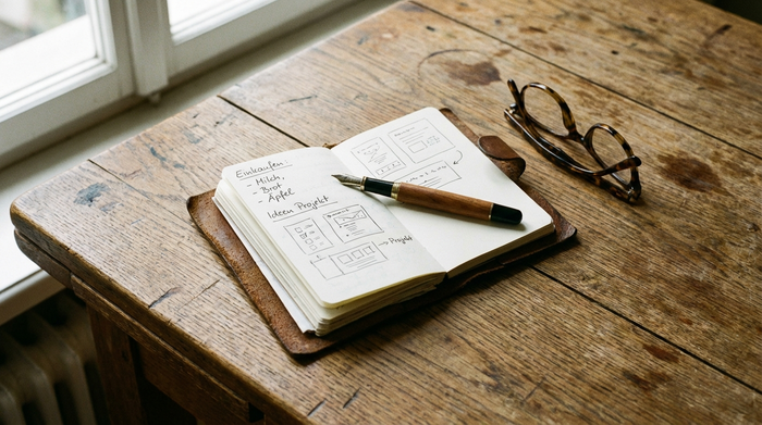 Notizblock mit Stift und Brille auf einem Holztisch