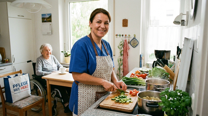 Pflegekraft bereitet frische Mahlzeit in der Küche vor