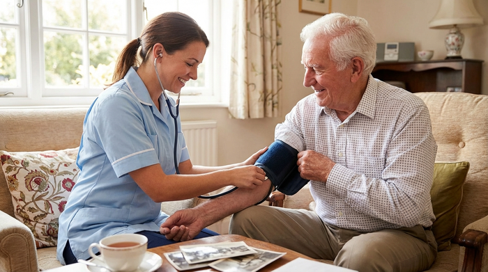 Krankenschwester misst den Blutdruck eines älteren Herrn