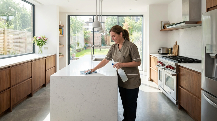 Pflegerin reinigt die Arbeitsfläche in einer modernen Küche