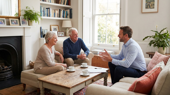Älteres Ehepaar im Gespräch mit einem freundlichen Berater im Wohnzimmer